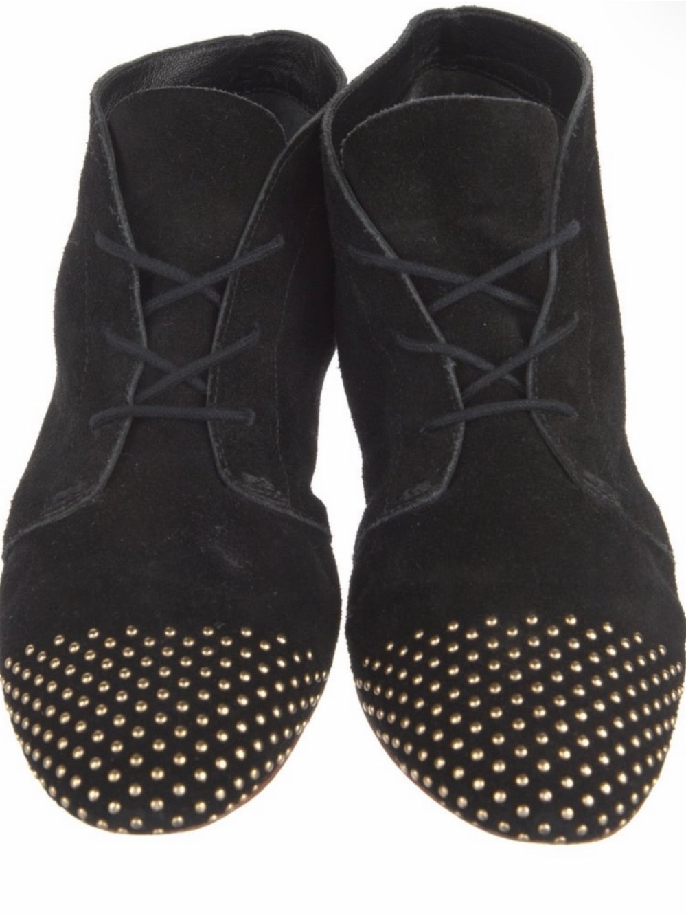 Loeffler Randall Black Suede Lace-Up Ankle Boots with Gold Stud Toe